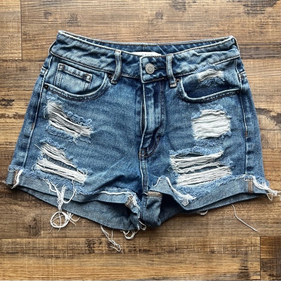 PacSun Pants - Pac Sun Womens Denim Medium Wash High Rise Mom Shorts Distressed Size 22